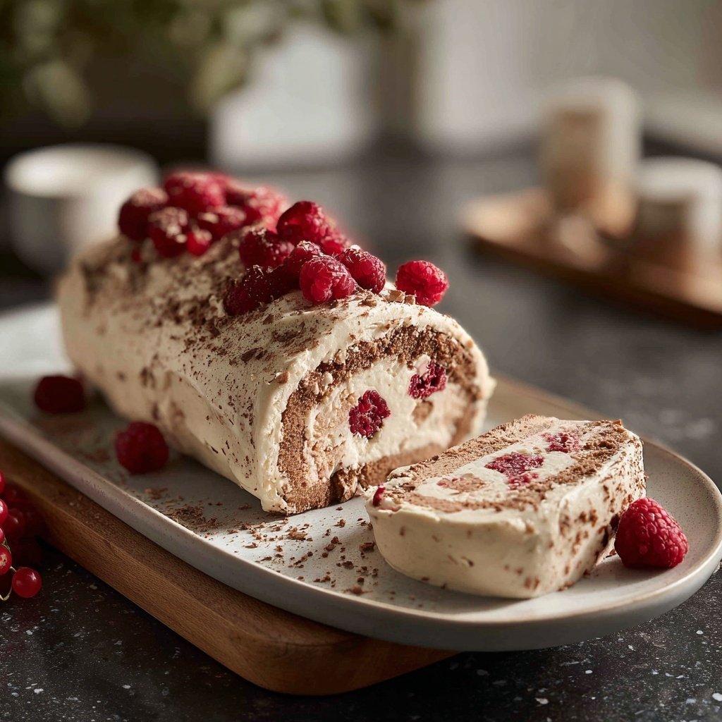 Bûche de noël au mascarpone chocolat blanc et framboises