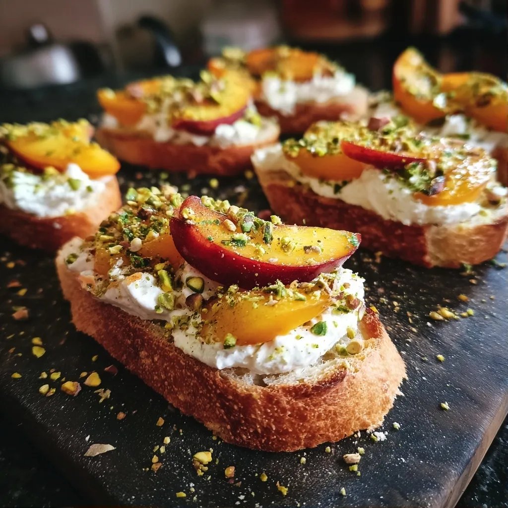 Bruschetta pêche burrata pistache