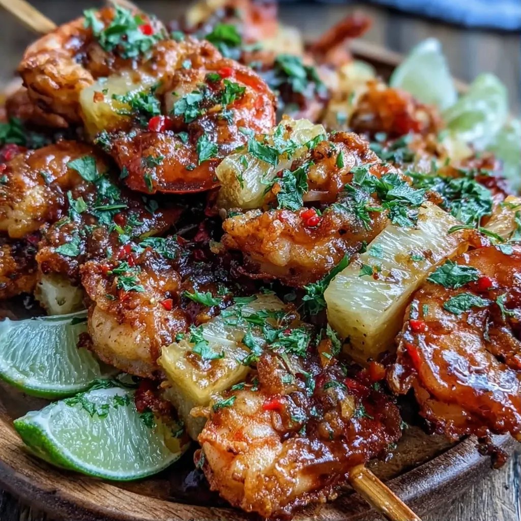 Brochettes crevettes ananas piment