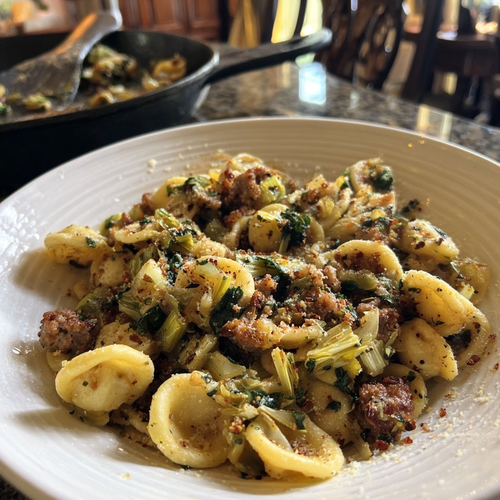 Pâtes orecchiette poireau saucisse copieuses