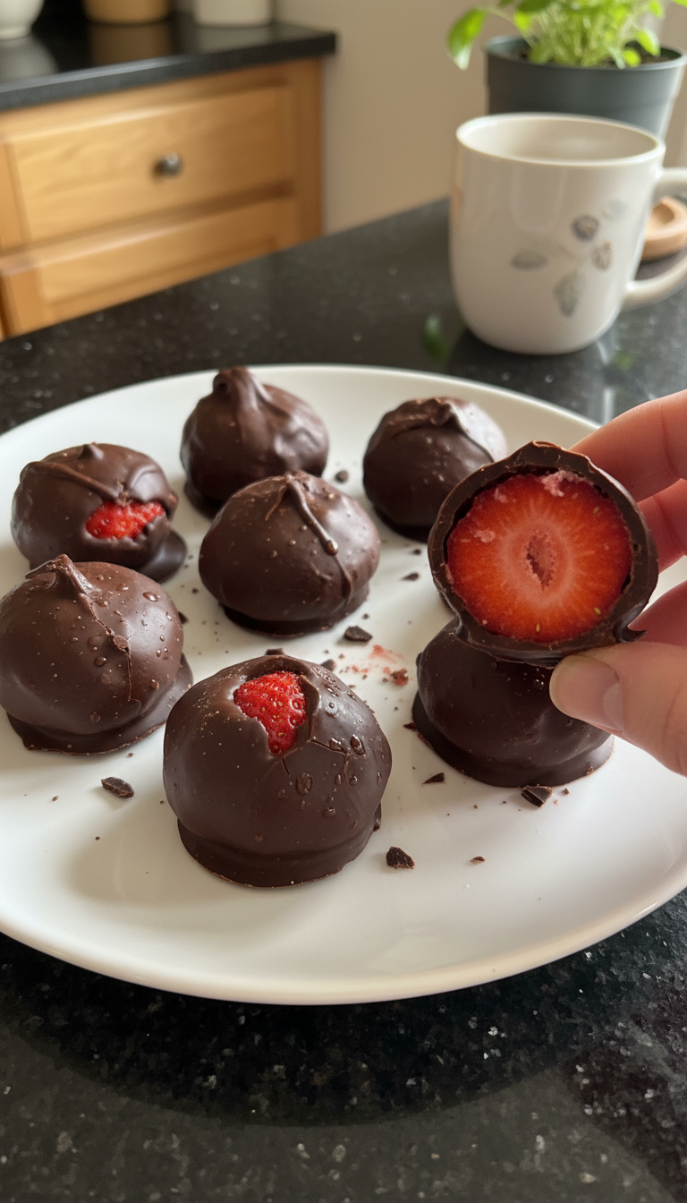 Bouchées glacées de fraises enrobées de chocolat
